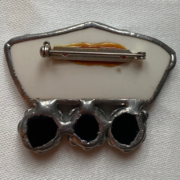 Vintage Enamel Floral with Black Stones Brooch Pin with silver toned metal. - Picture 3 of 3